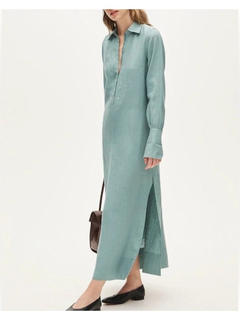 NWT J.Crew Linen Tunic Dress Sz M Seaglass Long Sleeve Sheath Midi Maxi Pockets